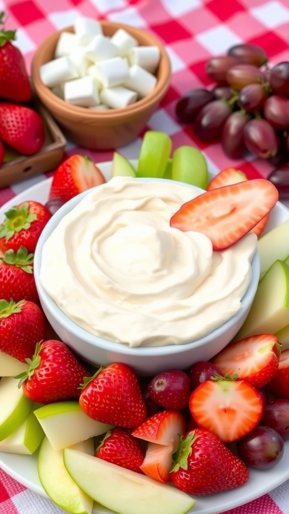 Creamy marshmallow cream cheese dip with fresh fruits for dipping.